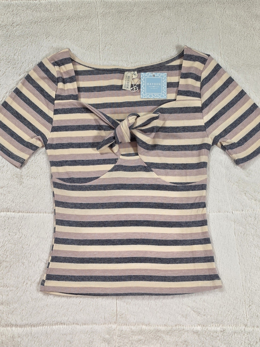 Hayden Striped Tie-Front Ribbed Top in Pink and Gray(100PC-98)